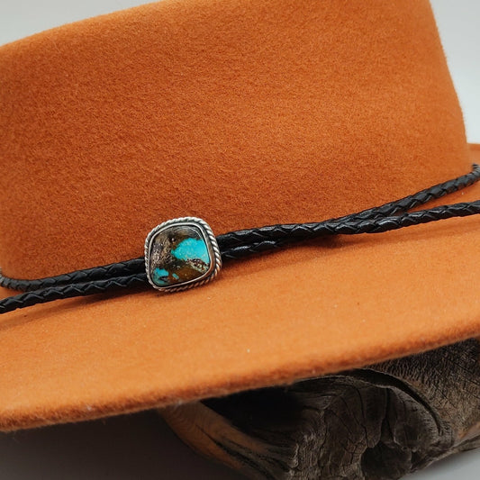 Cowboy Hat Band with Genuine Blue Turquoise in Sterling Silver on Black Leather Band - Folks On The Edge