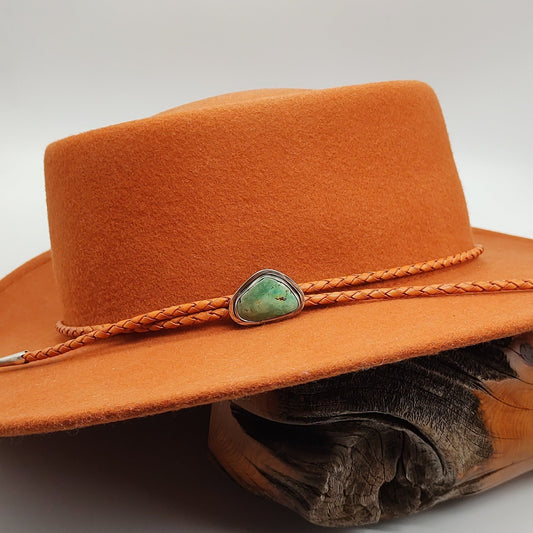 Cowboy Hat Band with Genuine Green Turquoise in Sterling Silver on Natural Leather Band - Folks On The Edge