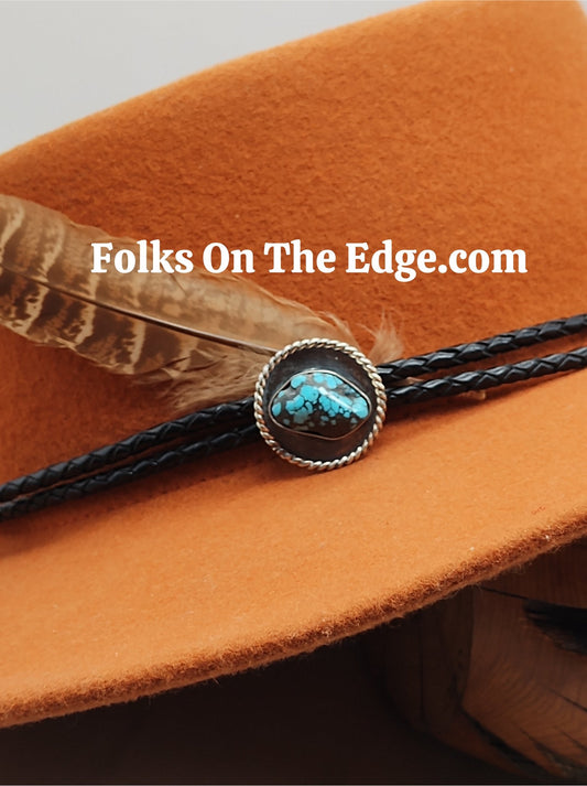 Cowboy Hat Band with Genuine Hubei Turquoise in Sterling Silver on Leather Band - Folks On The Edge