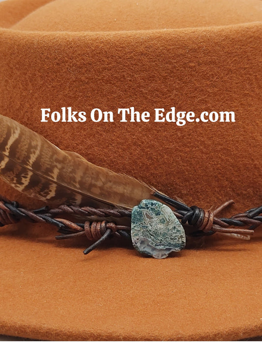 Cowboy Hat Band with Genuine Idaho Agate on Barbed Wire Leather Band by Folks On The Edge - Folks On The Edge