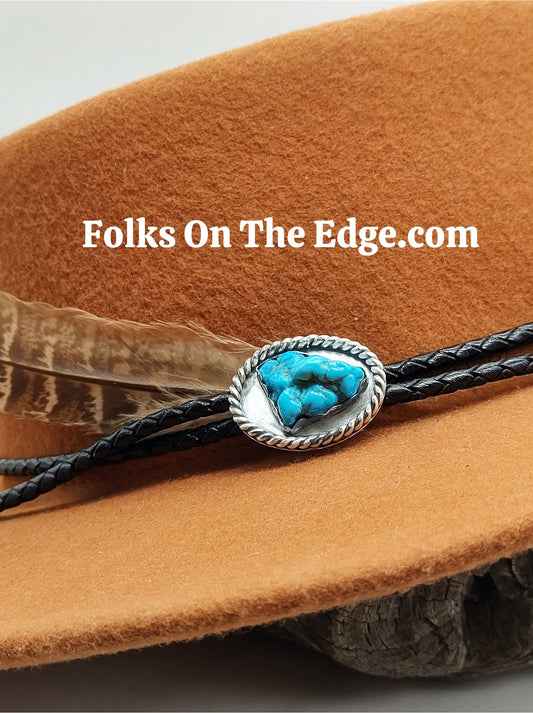 Cowboy Hat Band with Genuine Ithaca Turquoise Nugget in Sterling Silver on Black Leather Band - Folks On The Edge