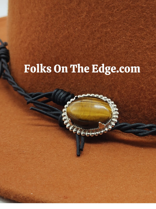 Cowboy Hat Band with Genuine Tiger's Eye on Barbed Wire Leather Band by Folks On The Edge - Folks On The Edge