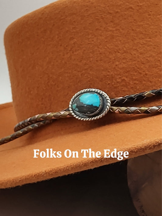 Cowboy Hat Band with Genuine Turquoise in Sterling Silver on Black Leather Band - Folks On The Edge