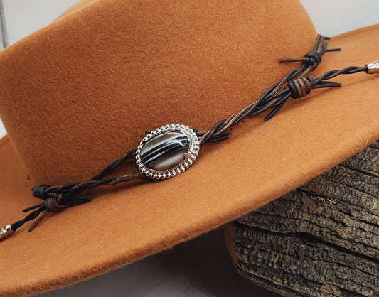 Cowboy Hat Band with Montana Agate on Black Barbed Wire Leather - Folks On The Edge