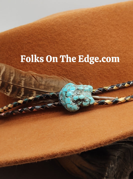 Cowboy Hat Band with Rustic Turquoise Nugget on Black Leather Band with Tassels - Folks On The Edge