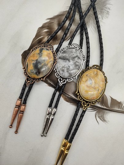 Elegant Bolo Tie with Crazy Lace Agate for wedding or events - Folks On The Edge