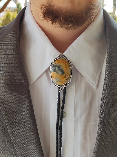 Elegant Bolo Tie with Crazy Lace Agate for wedding or events - Folks On The Edge