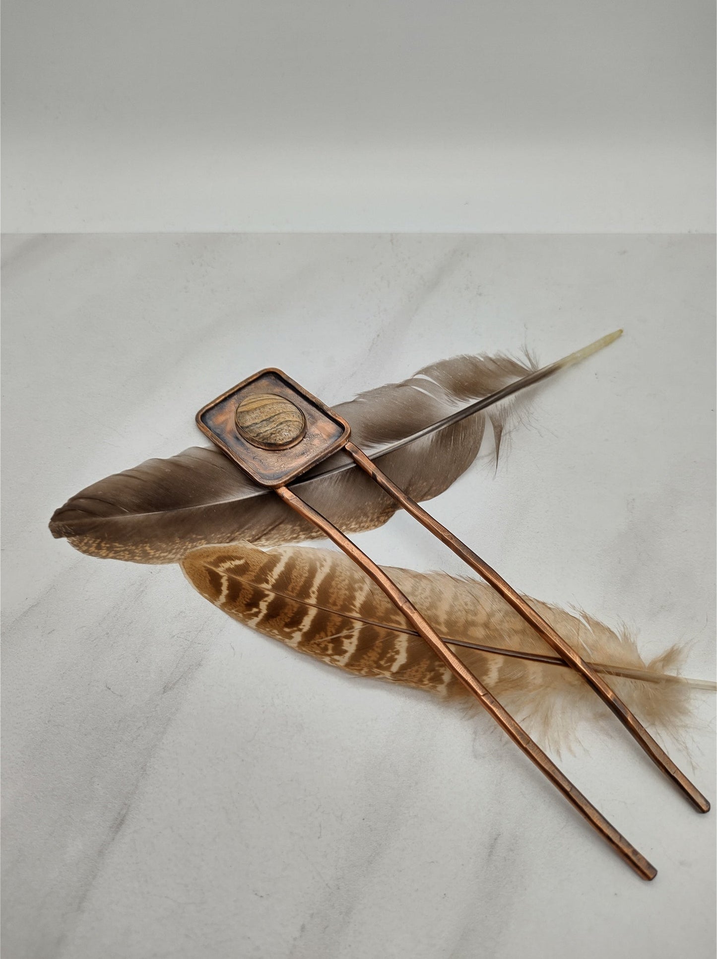 Handmade Copper Hair Fork with Owyhee Picture Jasper Stone by Folks On The Edge - Folks On The Edge