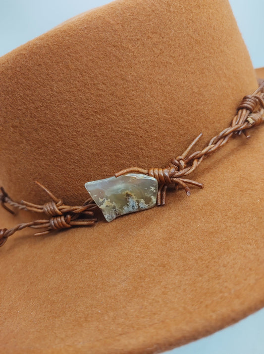 Leather Cowboy Hat Band with Genuine Plume Agate on Barbed Wire Leather - Folks On The Edge