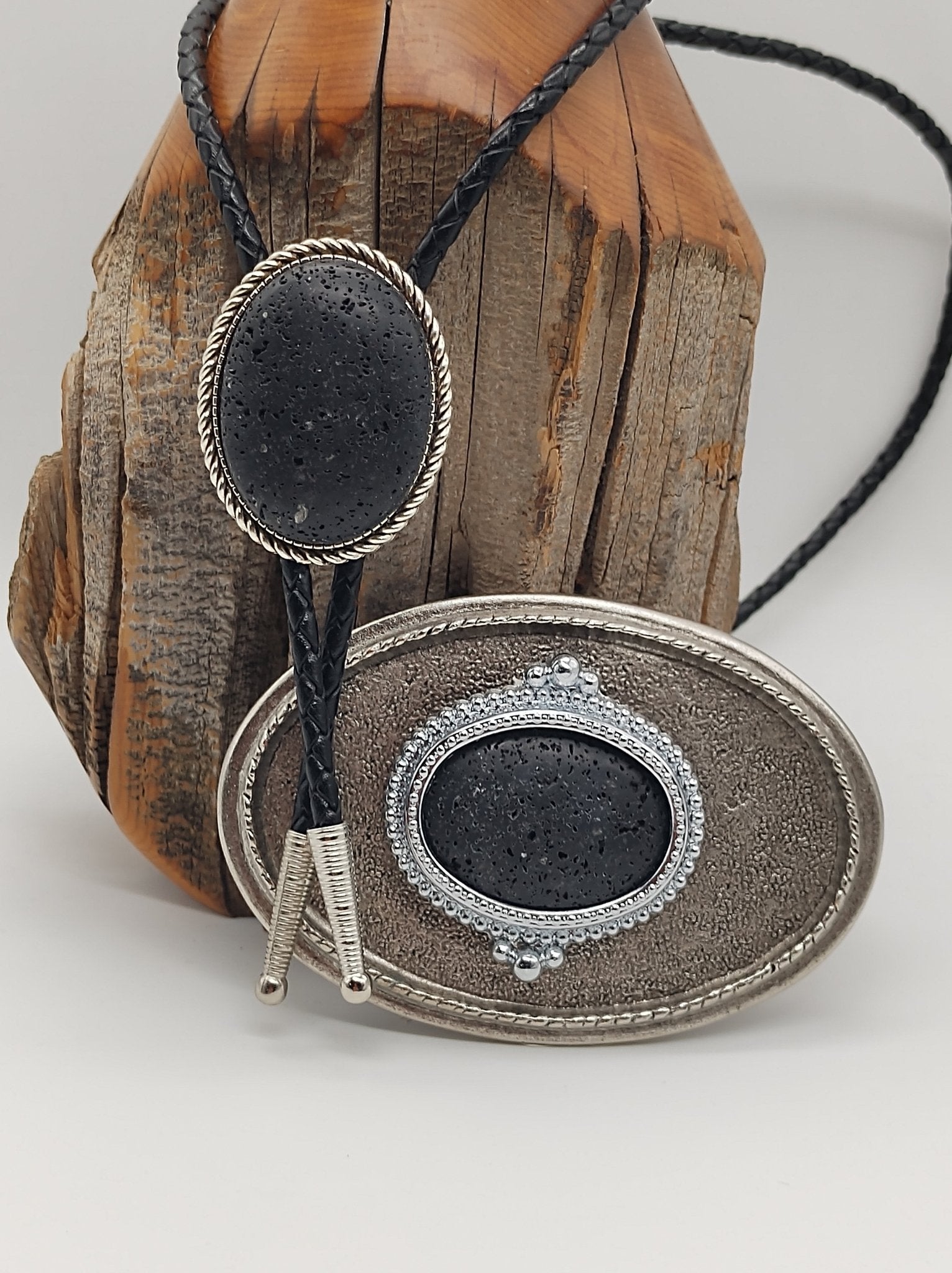 Matching Black Lava Rock Bolo Tie & Belt Buckle Silver Tone Set - Folks On The Edge