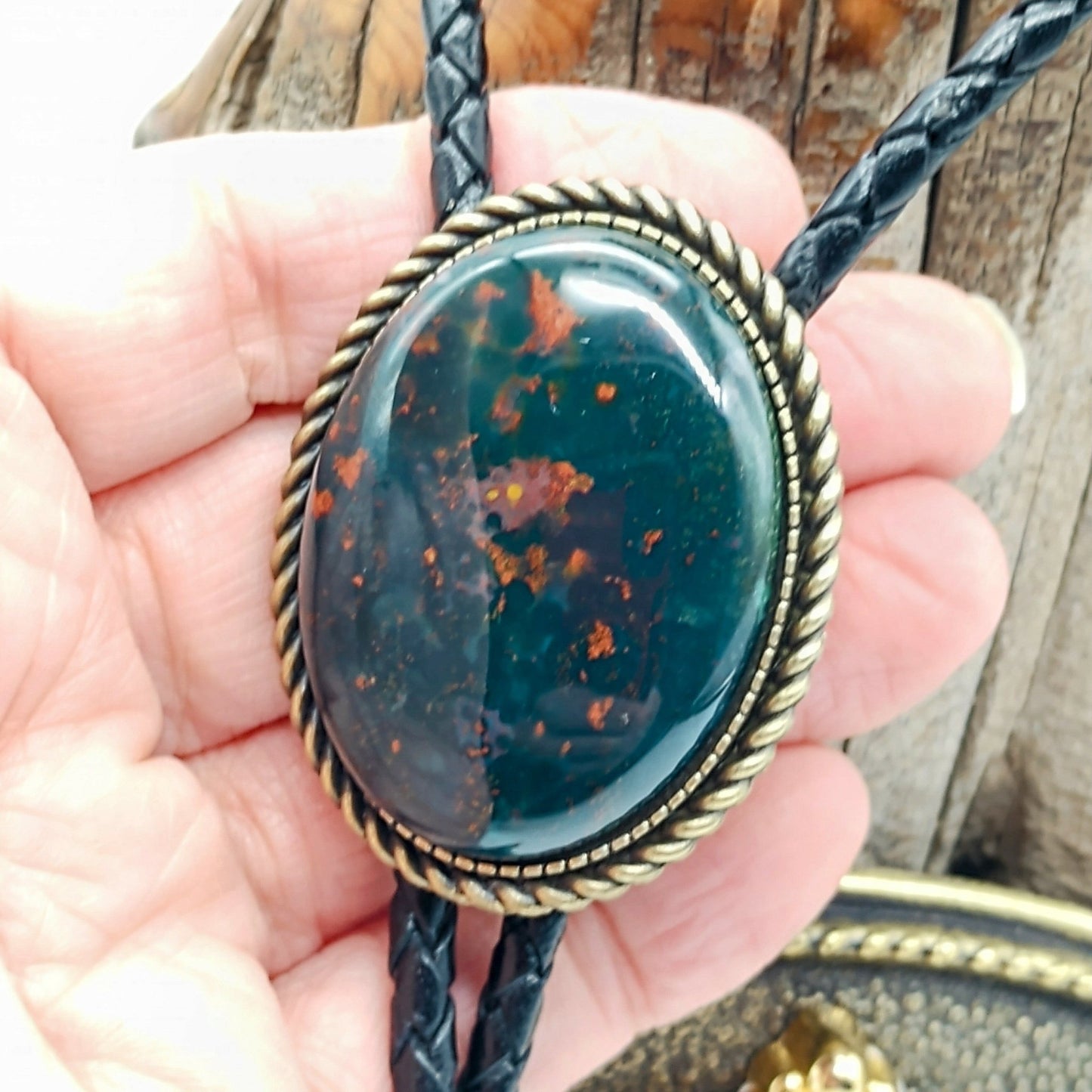 Matching Bloodstone Jasper Bolo Tie & Belt Buckle Gold Tone Set - Folks On The Edge