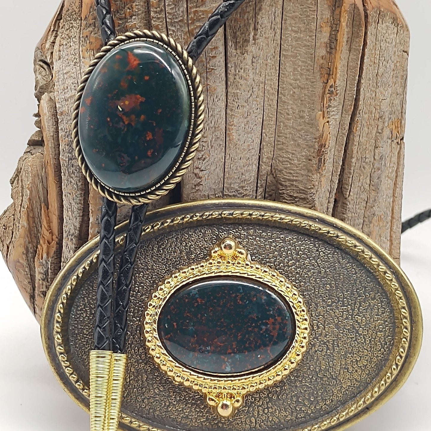 Matching Bloodstone Jasper Bolo Tie & Belt Buckle Gold Tone Set - Folks On The Edge