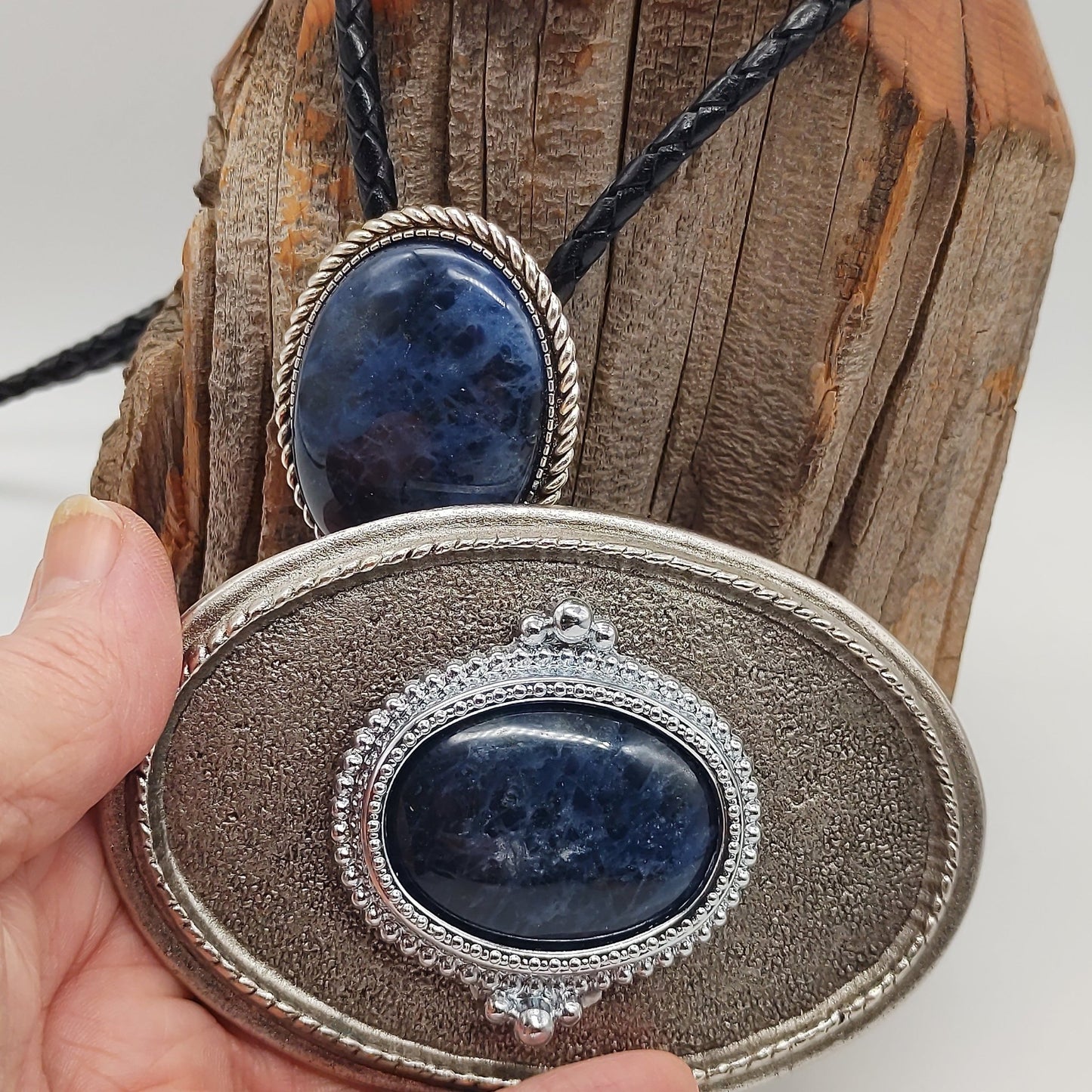 Matching Blue Sodalite Bolo Tie & Belt Buckle Silver Tone Set - Folks On The Edge