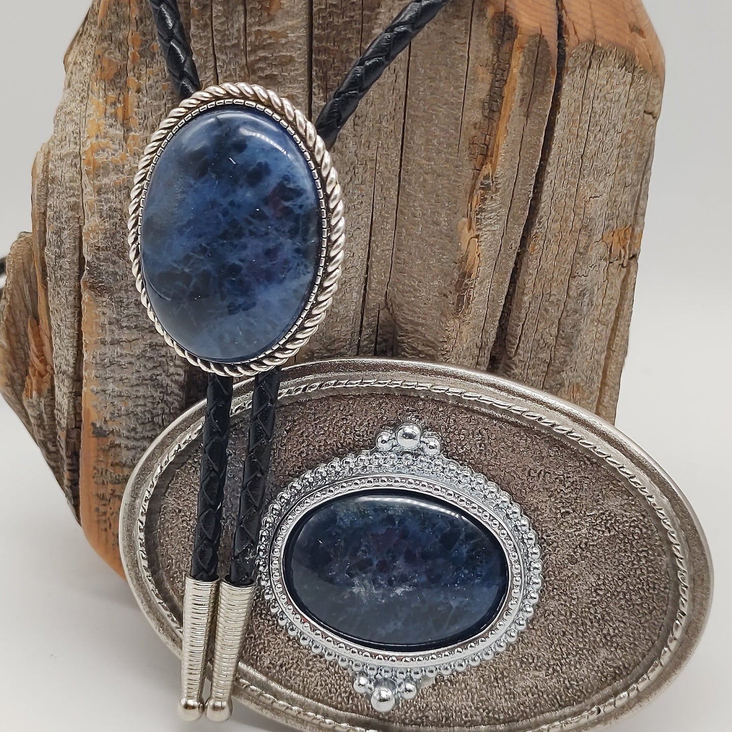 Matching Blue Sodalite Bolo Tie & Belt Buckle Silver Tone Set - Folks On The Edge