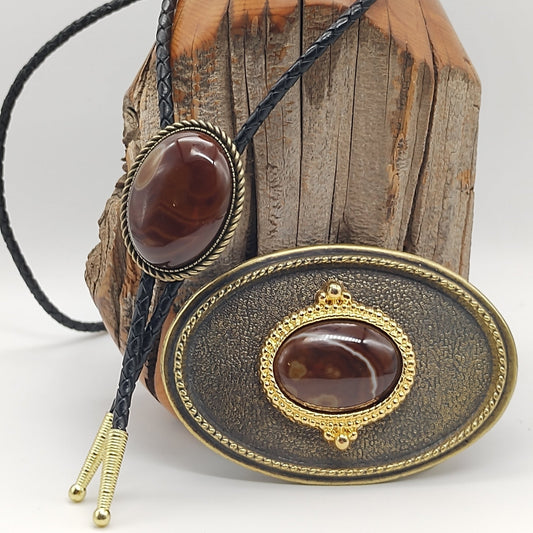 Matching Brown Banded Agate Bolo Tie & Belt Buckle Gold Tone Set - Folks On The Edge