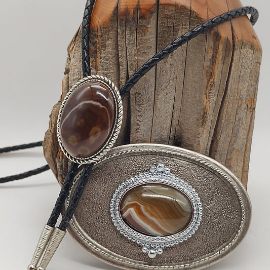 Matching Brown Banded Agate Bolo Tie & Belt Buckle Silver Tone Set - Folks On The Edge