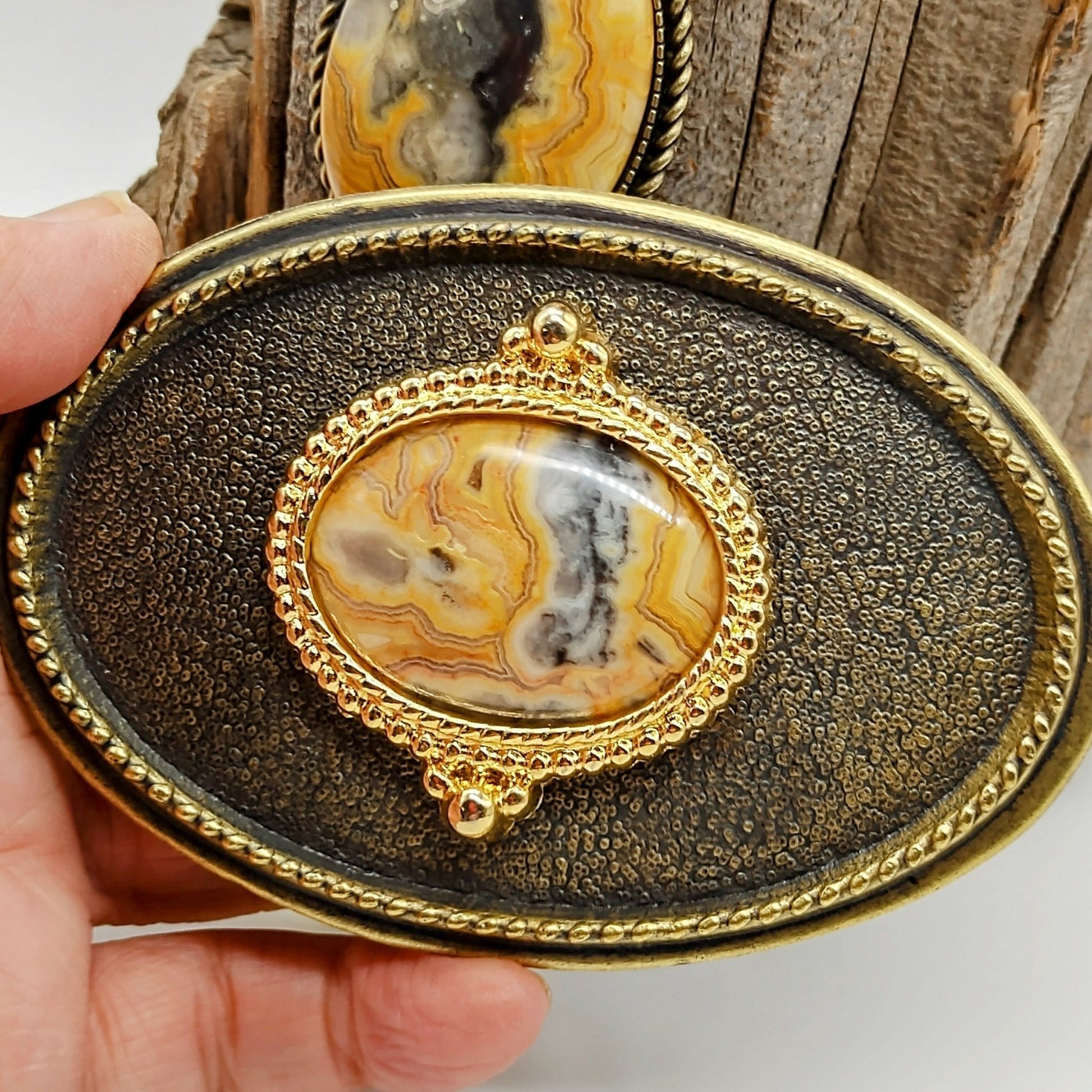 Matching Crazy Lace Agate Bolo Tie & Belt Buckle Gold Tone Set - Folks On The Edge