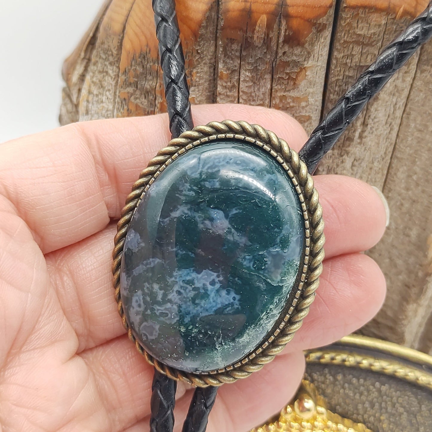 Matching Green Moss Agate Bolo Tie & Belt Buckle Gold Tone Set - Folks On The Edge