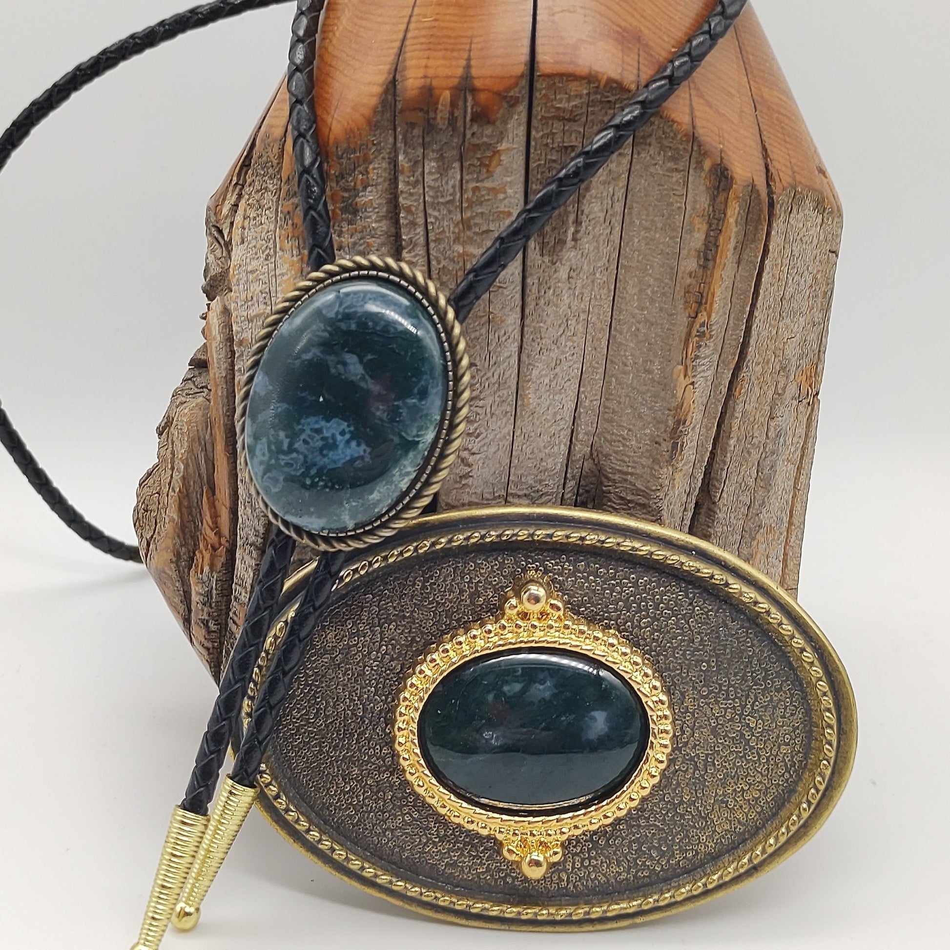 Matching Green Moss Agate Bolo Tie & Belt Buckle Gold Tone Set - Folks On The Edge