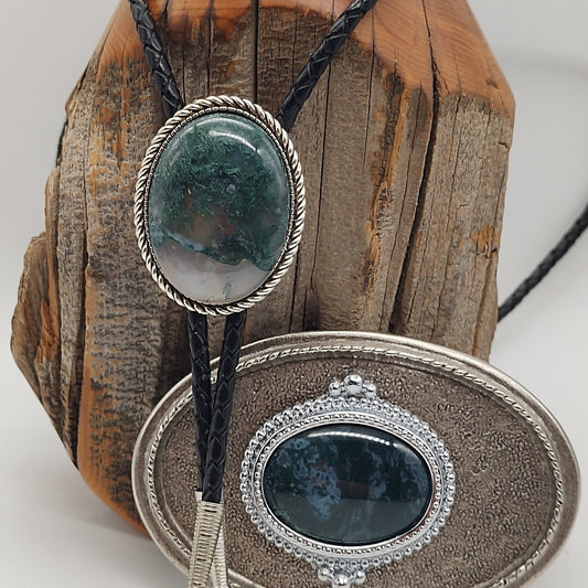 Matching Green Moss Agate Bolo Tie & Belt Buckle Silver Tone Set - Folks On The Edge