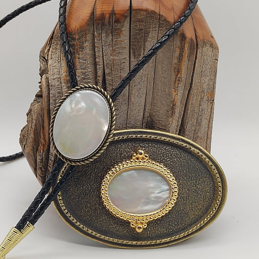 Matching Mother Of Pearl Bolo Tie & Belt Buckle Gold Tone Set - Folks On The Edge