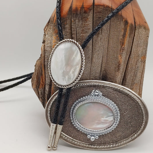 Matching Mother Of Pearl Bolo Tie & Belt Buckle Silver Tone Set - Folks On The Edge