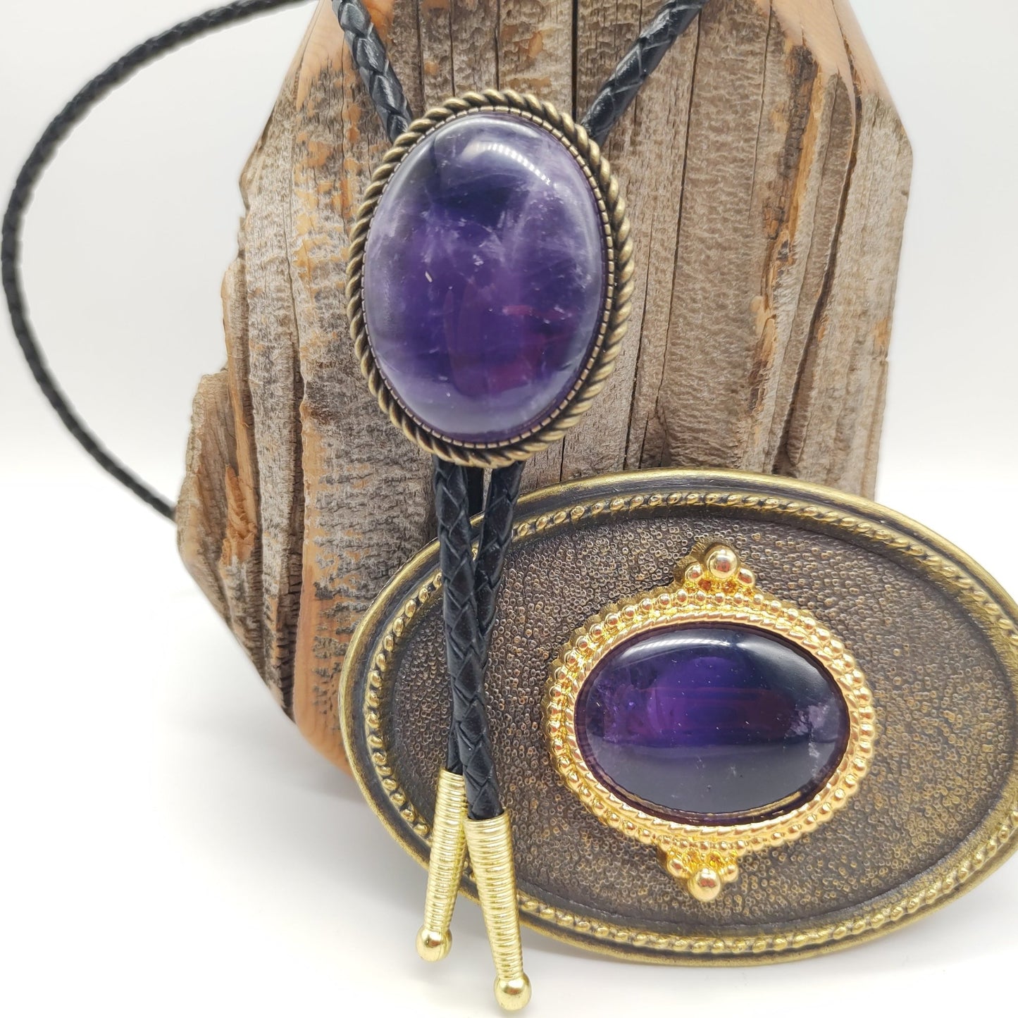 Matching Purple Amethyst Bolo Tie & Belt Buckle Gold Tone Set - Folks On The Edge