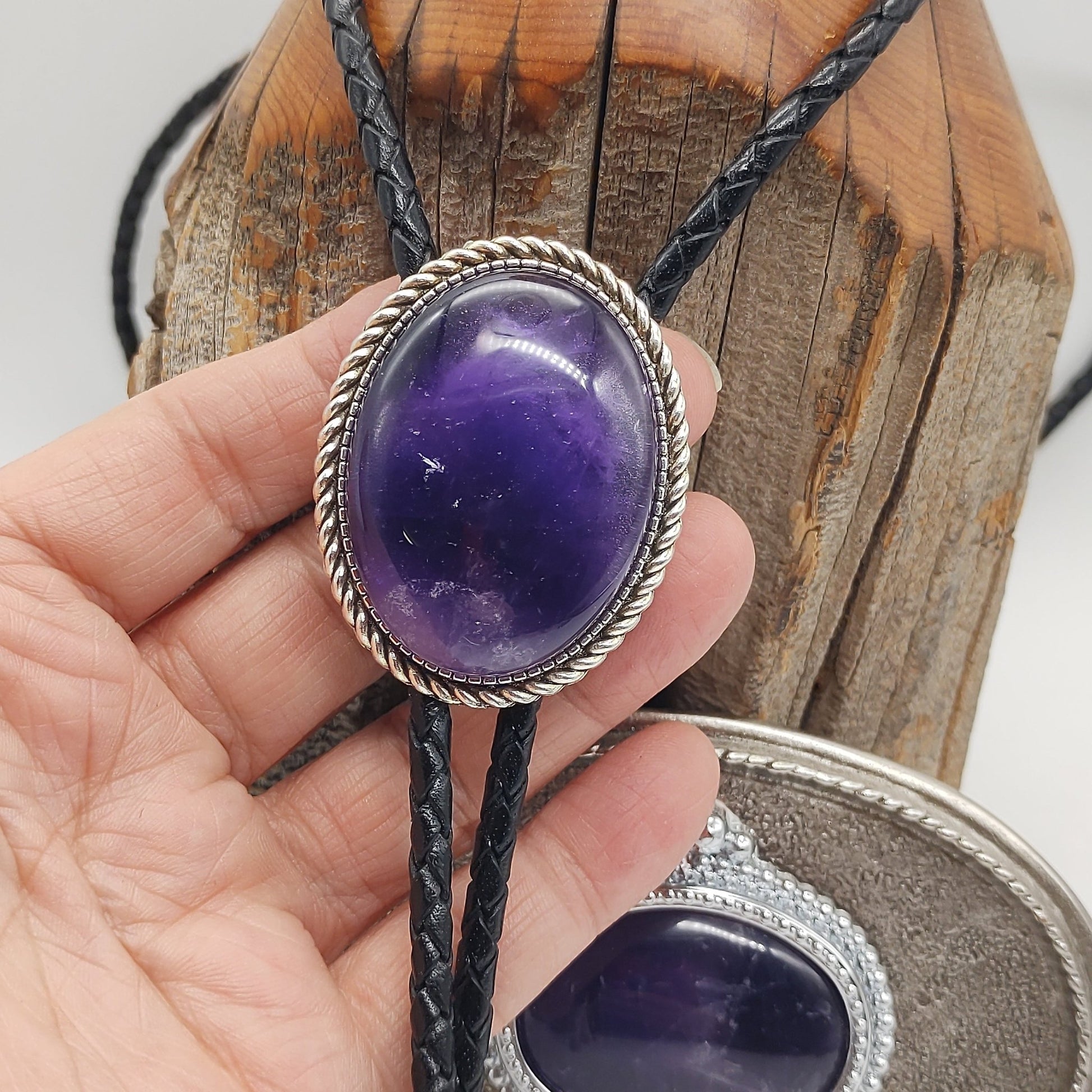 Matching Purple Amethyst Bolo Tie & Belt Buckle Silver Tone Set - Folks On The Edge