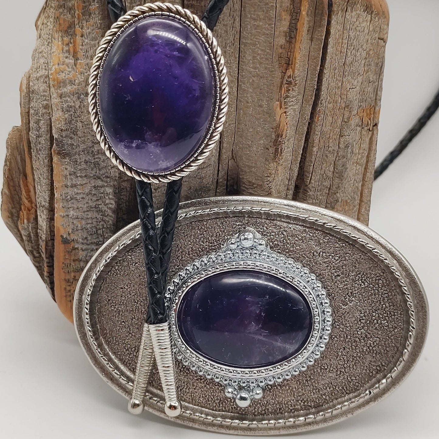 Matching Purple Amethyst Bolo Tie & Belt Buckle Silver Tone Set - Folks On The Edge