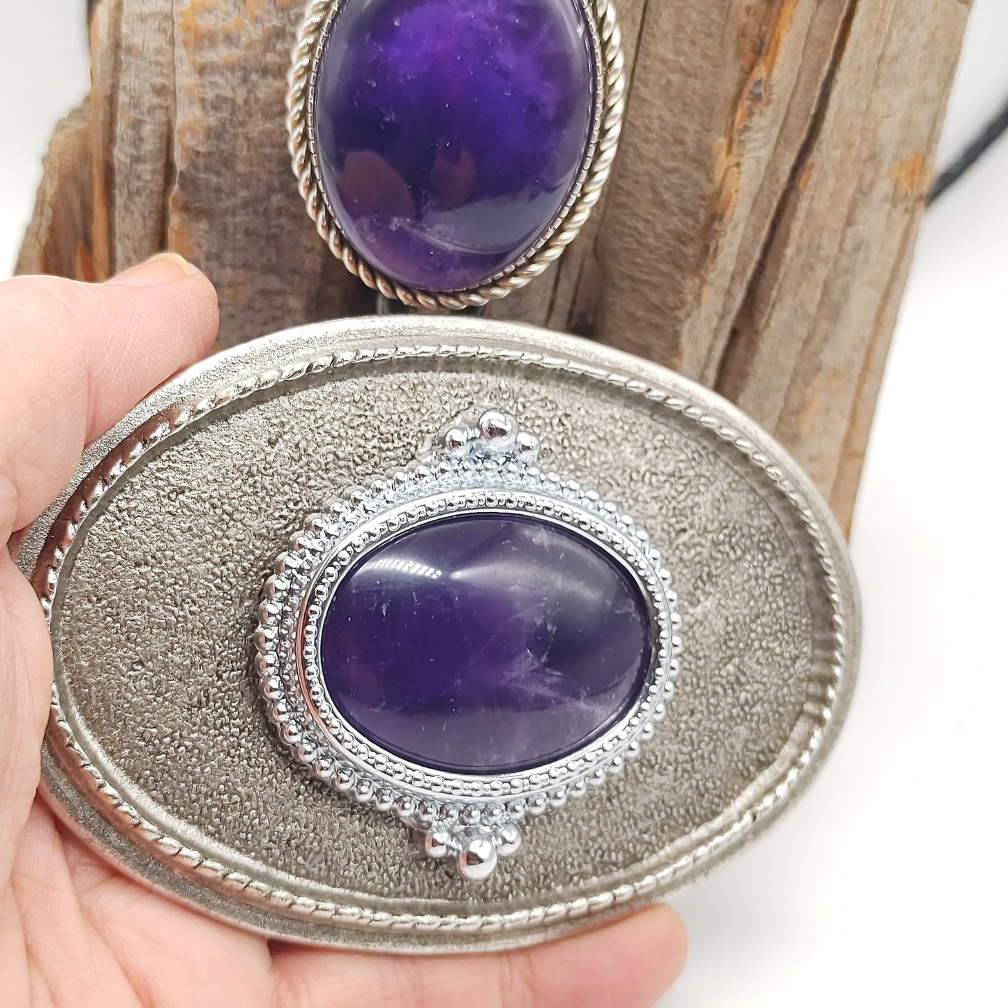 Matching Purple Amethyst Bolo Tie & Belt Buckle Silver Tone Set - Folks On The Edge