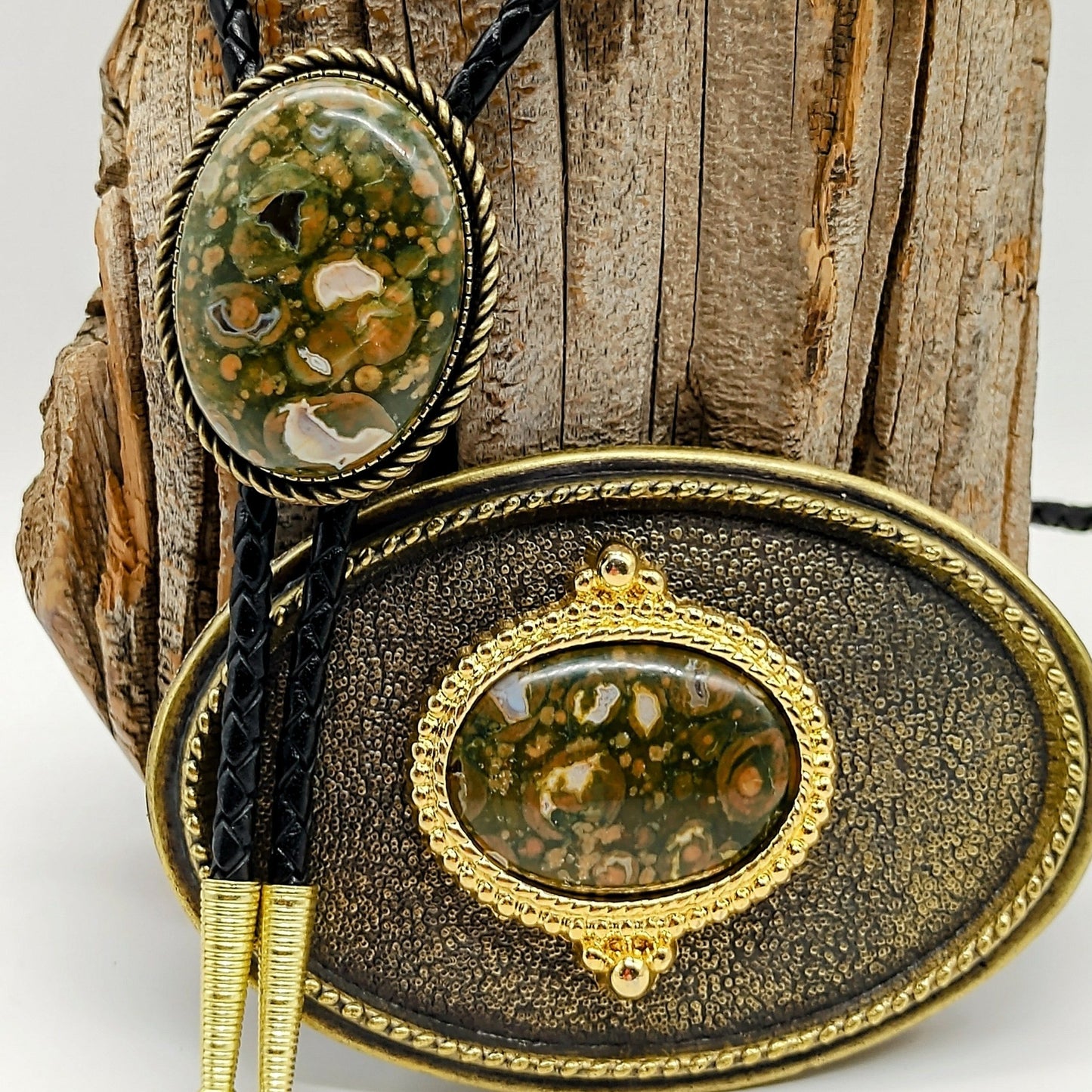 Matching Rainforest Jasper Bolo Tie & Belt Buckle Gold Tone Set - Folks On The Edge