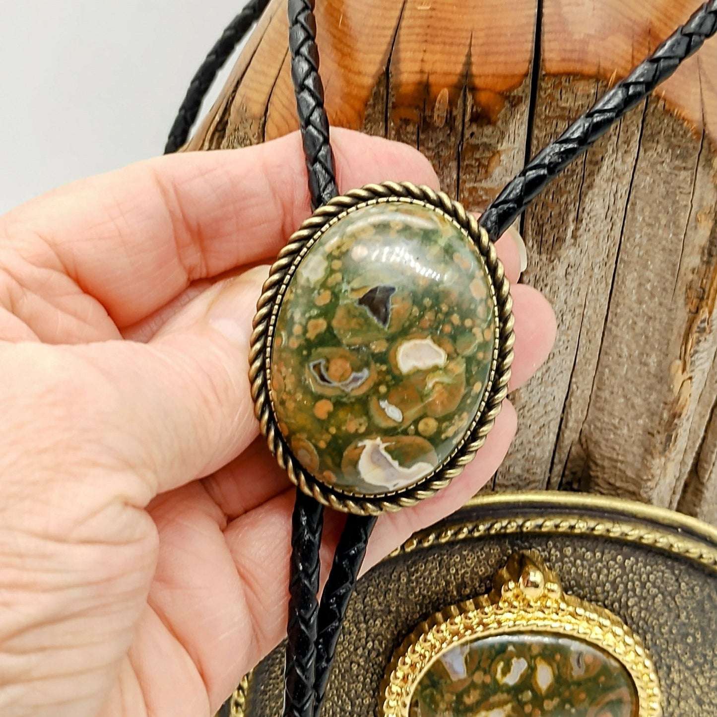 Matching Rainforest Jasper Bolo Tie & Belt Buckle Gold Tone Set - Folks On The Edge