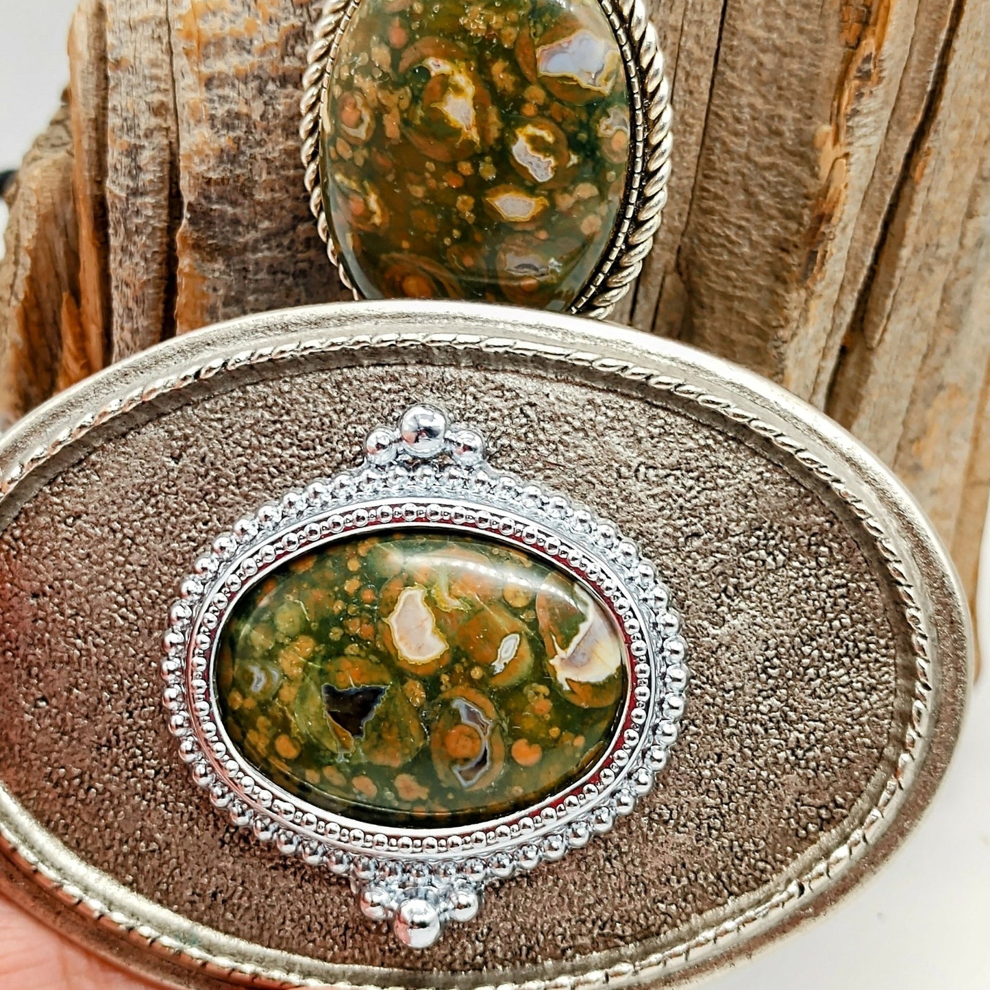 Matching Rainforest Jasper Bolo Tie & Belt Buckle Silver Tone Set - Folks On The Edge