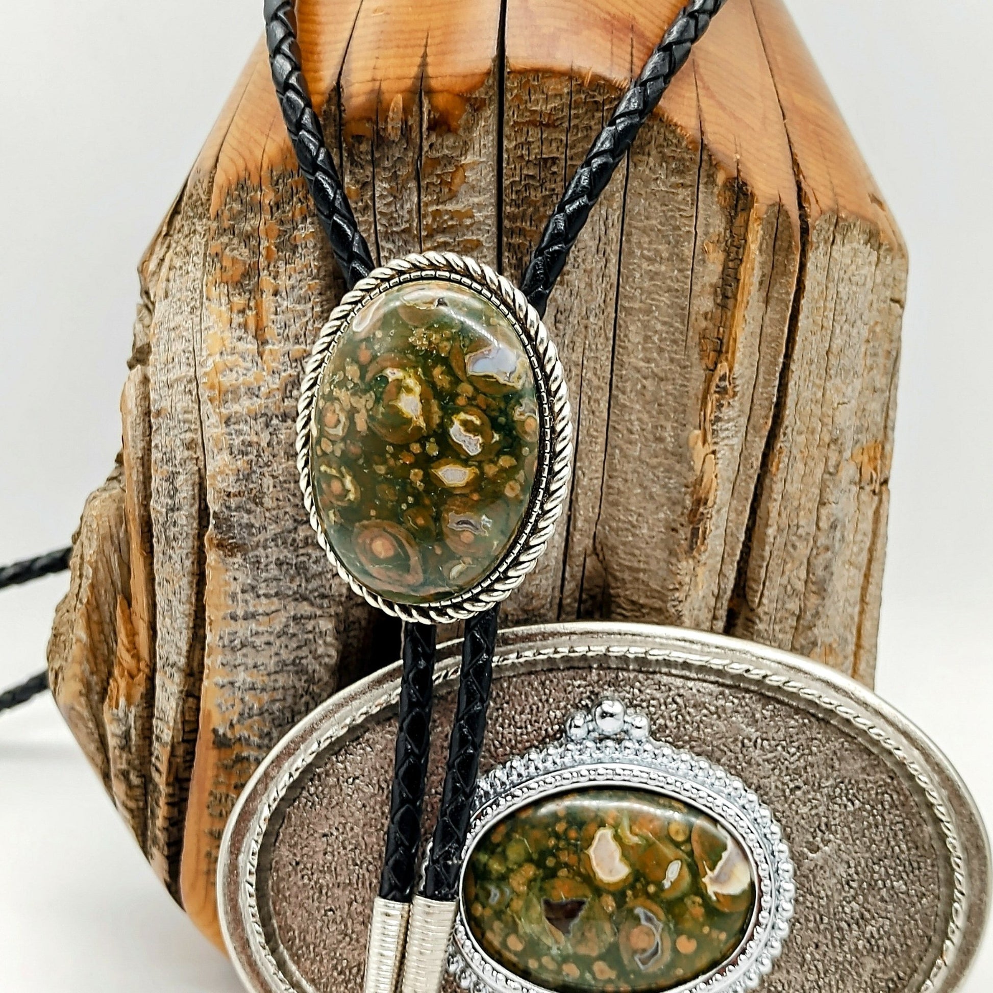 Matching Rainforest Jasper Bolo Tie & Belt Buckle Silver Tone Set - Folks On The Edge