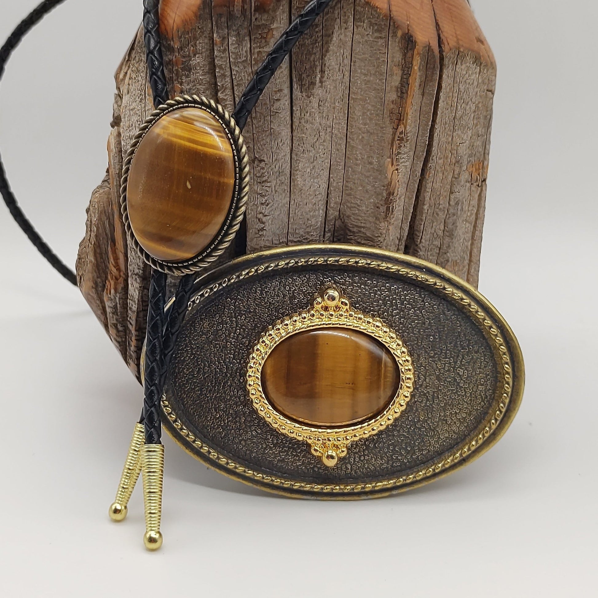 Matching Tiger's Eye Jasper Bolo Tie & Belt Buckle Gold Tone Set - Folks On The Edge