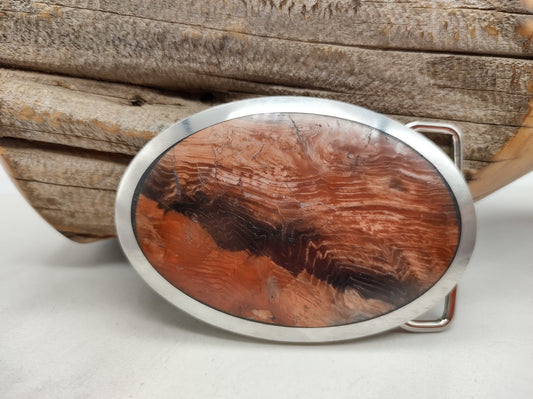Men's Belt Buckle with Red Petrified Wood Agate by Folks On The Edge - Folks On The Edge