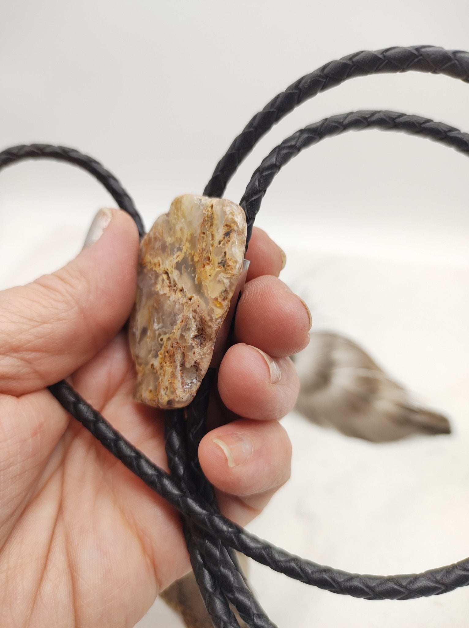 Rustic Plume Agate Bolo Tie showcasing Graveyard Point Plume Agate by Folks On The Edge - Folks On The Edge