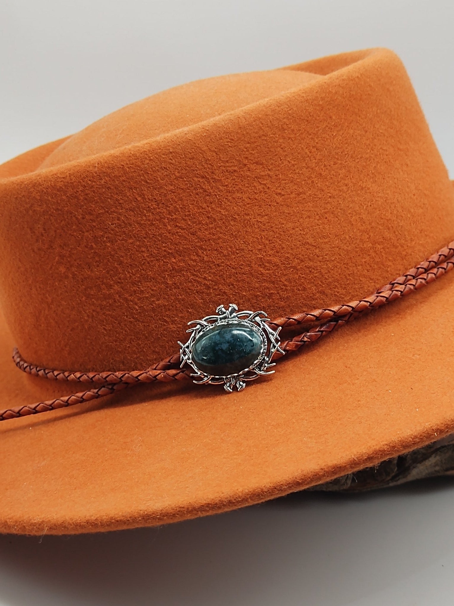 Stag Horn Cowboy Hat Band with Green Moss Agate on Leather - Folks On The Edge