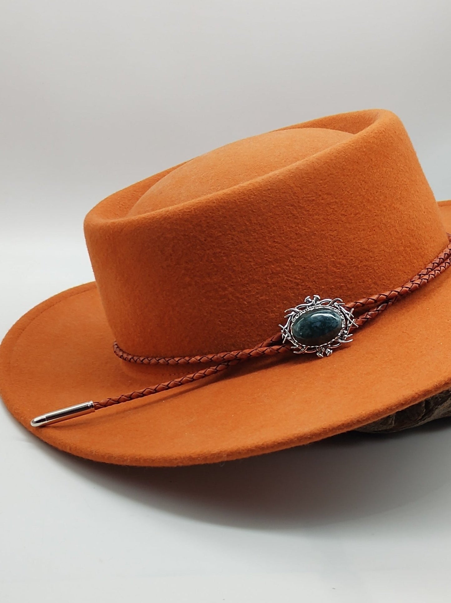 Stag Horn Cowboy Hat Band with Green Moss Agate on Leather - Folks On The Edge