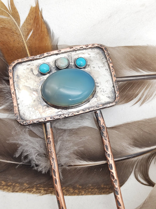 Sterling Silver Hair Fork with Blue Chalcedony, Fire Opal and Sleeping Beauty Turquoise by Folks On The Edge - Folks On The Edge