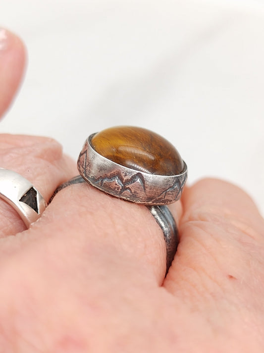 Tiger's Eye Ring in Sterling Silver with Mountains by Folks On The Edge - Folks On The Edge