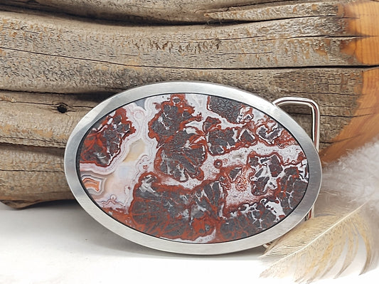 Western Belt Buckle with Crazy Lace Agate Stone by Folks On The Edge - Folks On The Edge