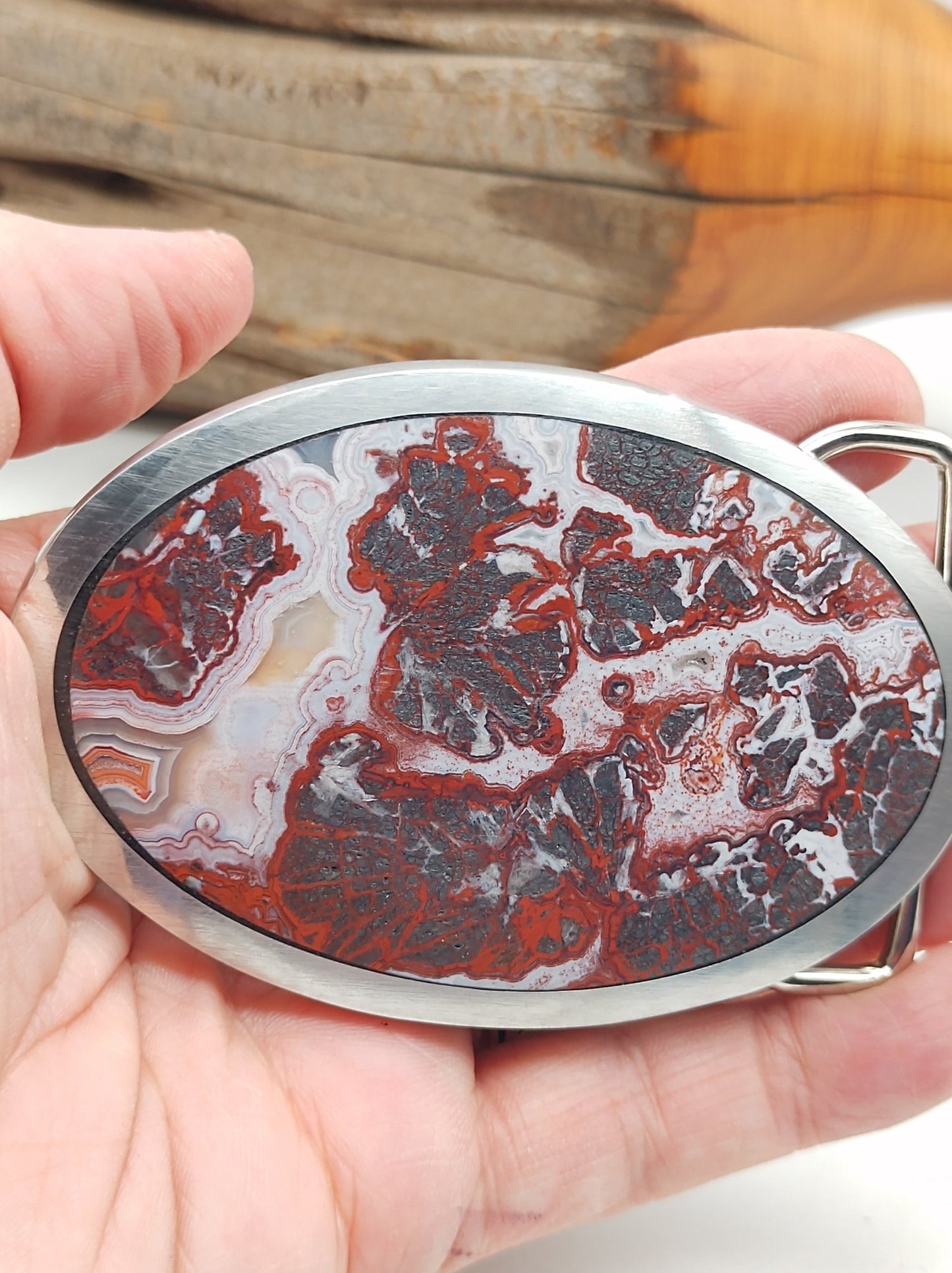 Western Belt Buckle with Crazy Lace Agate Stone by Folks On The Edge - Folks On The Edge