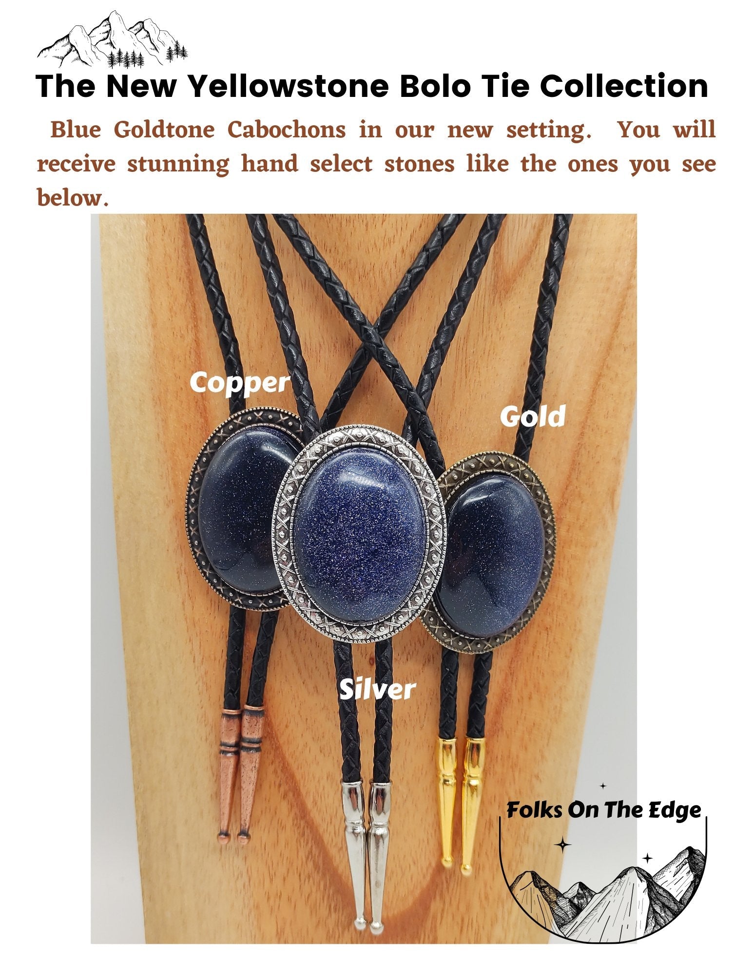 Yellowstone Bolo Tie with Blue Goldstone in Gold, Silver or Copper colors - Folks On The Edge