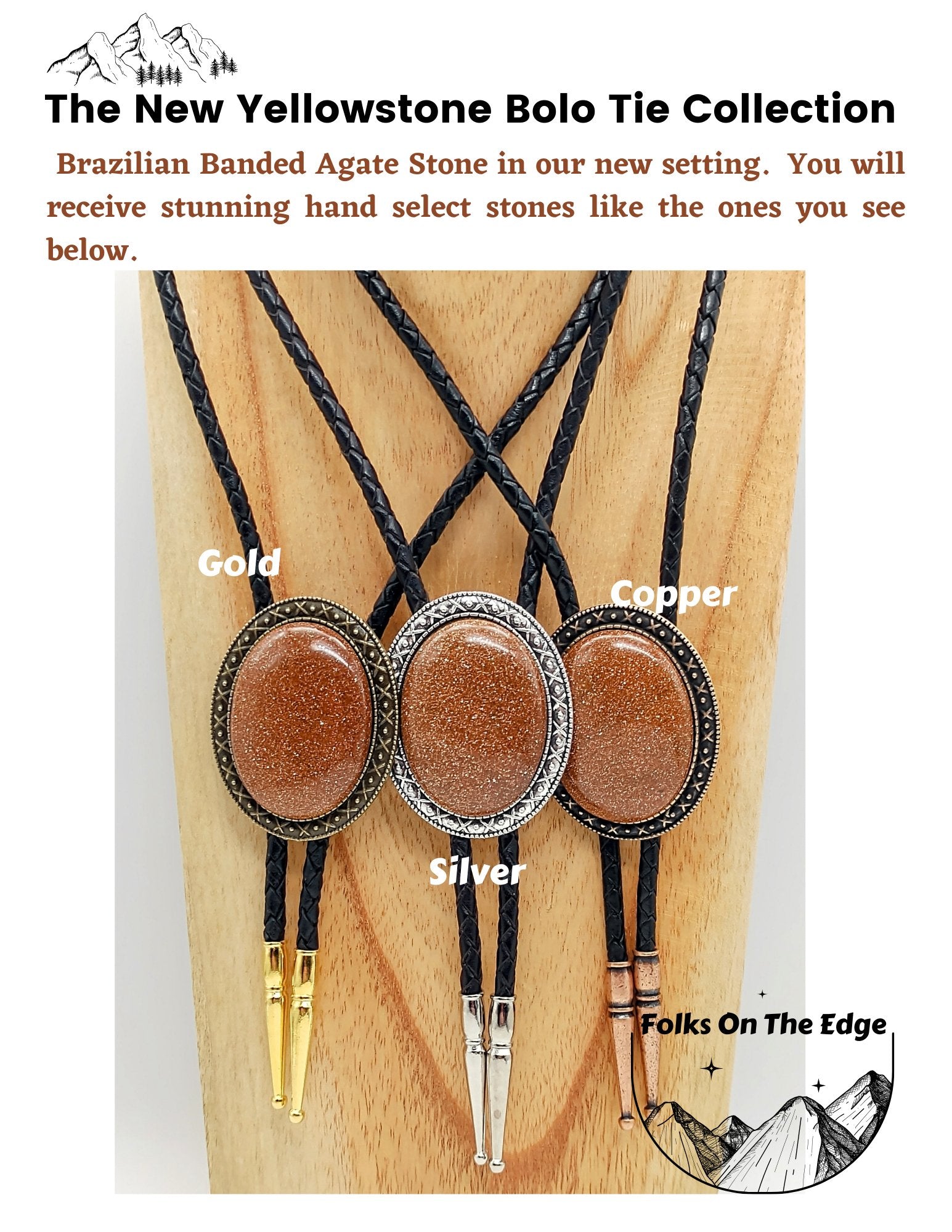 Yellowstone Bolo Tie with Copper Goldstone in Gold, Silver or Copper colors - Folks On The Edge