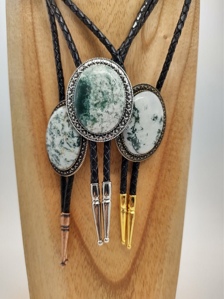 Yellowstone Bolo Tie with Green Tree Agate Stone, Gold, Silver or Copper - Folks On The Edge