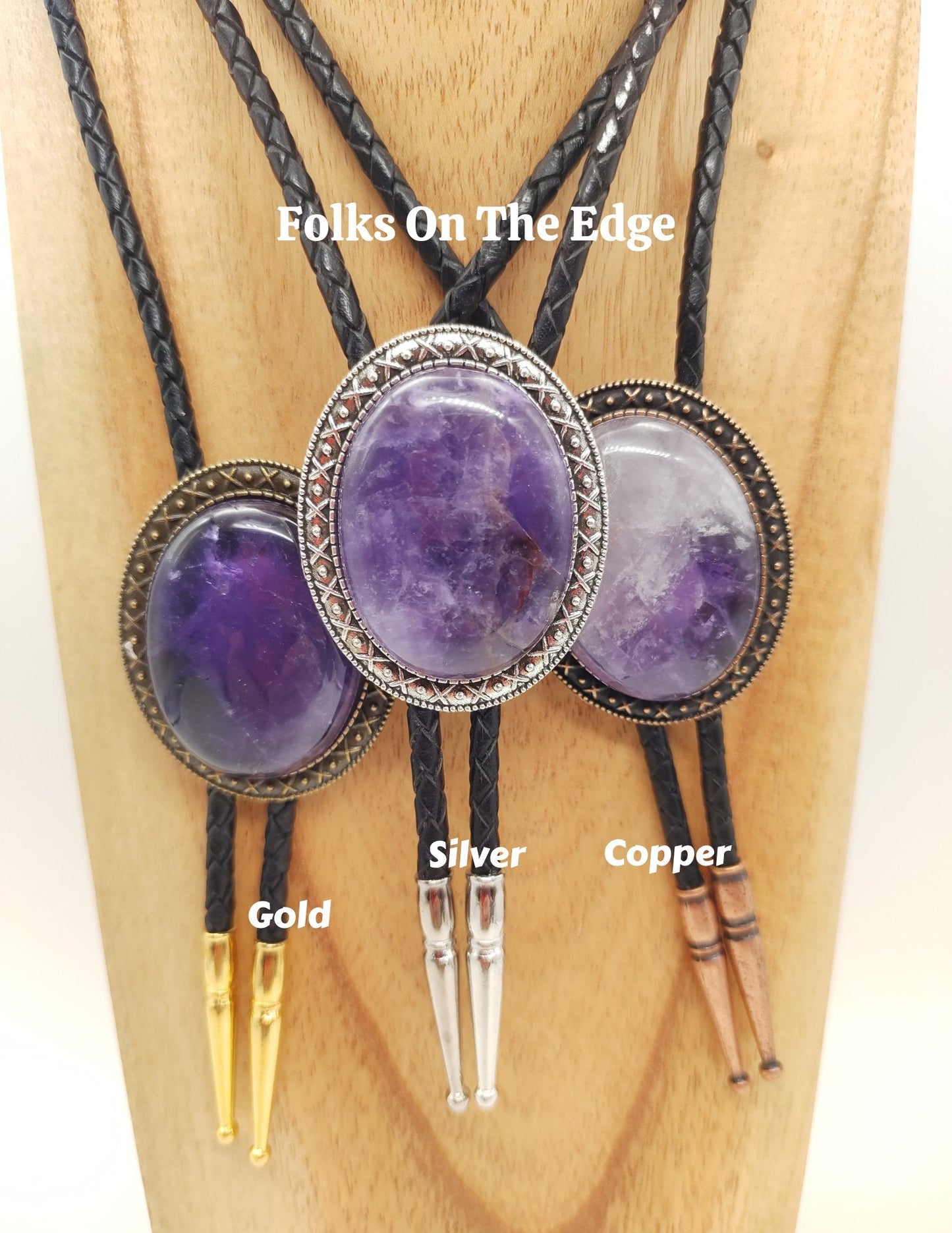 Yellowstone Bolo Tie with Purple Amethyst in Gold, Silver or Copper colors - Folks On The Edge