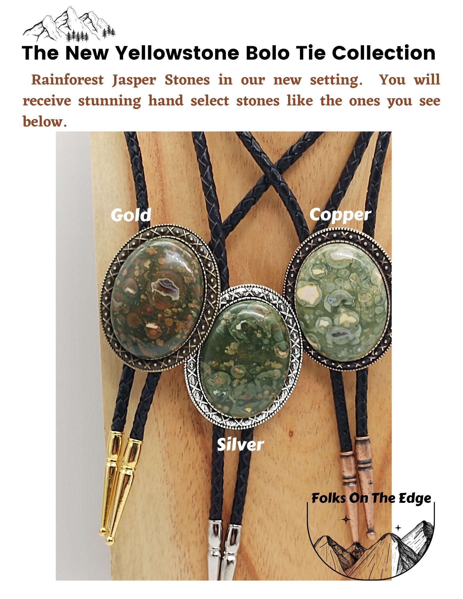 Yellowstone Bolo Tie with Rainforest Jasper Stone in Gold, Silver or Copper colors - Folks On The Edge